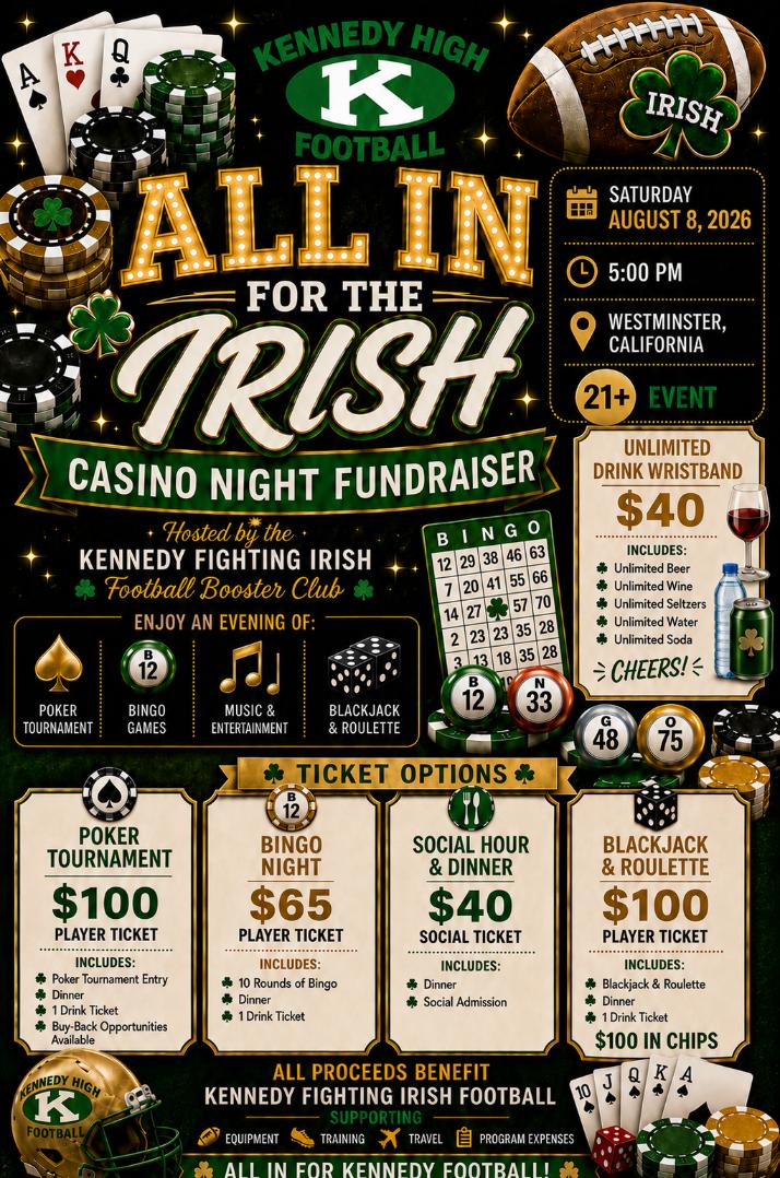 Kennedy Football Casino Night flyer — All In For The Irish