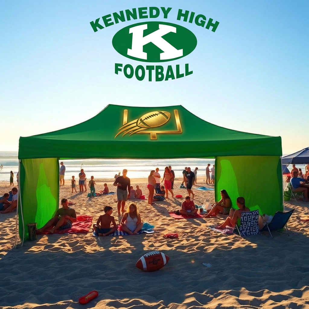 Green branded canopy on Huntington Beach at golden hour